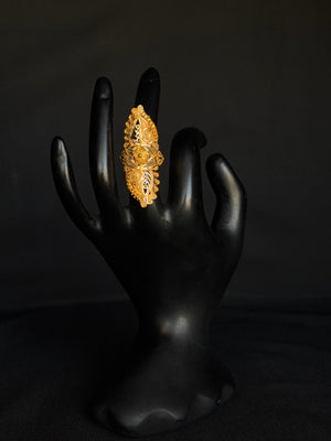 22K Gold Elongated Cocktail Ring with Intricate Filigree & Floral Design