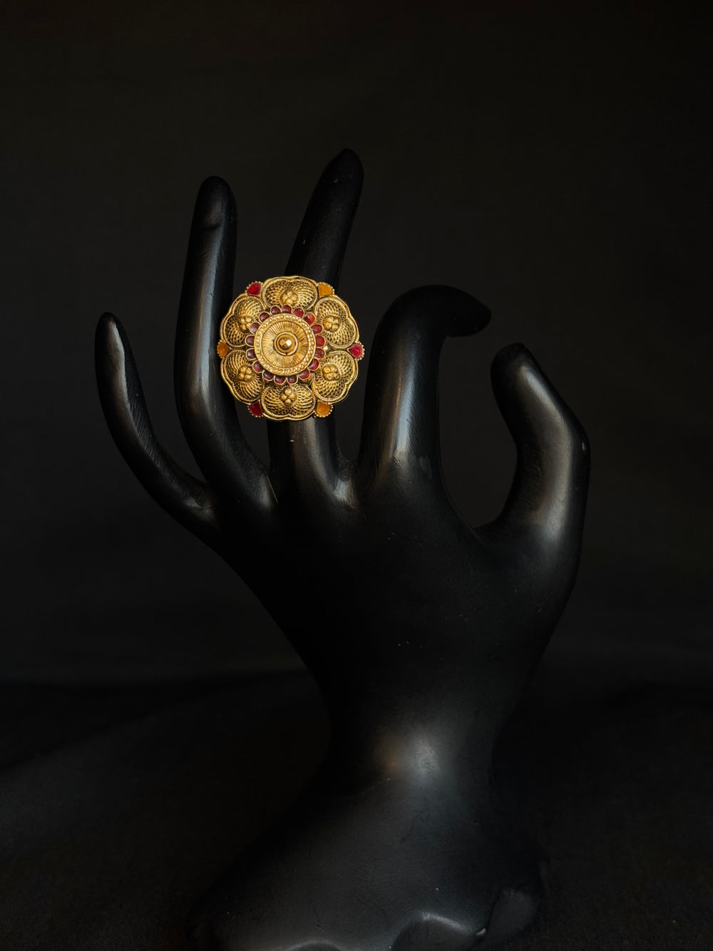 22K Gold Floral Ladies Ring with Colorful Enamel Details.