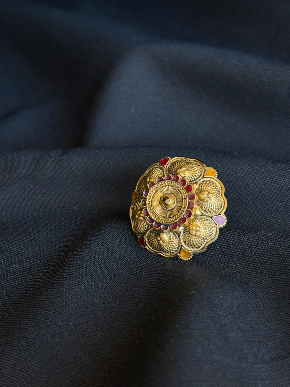 22K Gold Floral Ladies Ring with Colorful Enamel Details.