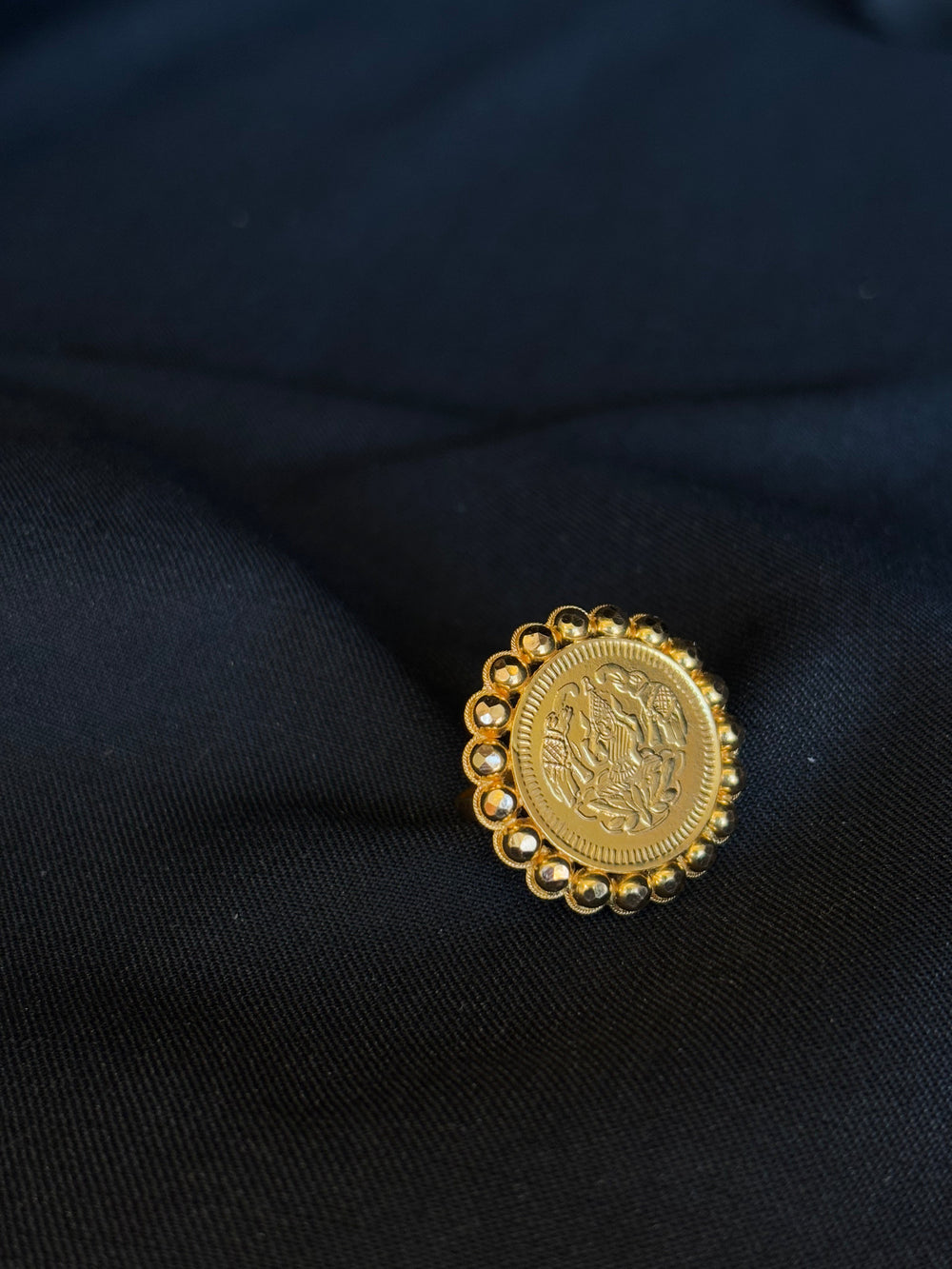 22K Gold Lakshmi Coin Ring with Scalloped Border - Auspicious & Traditional