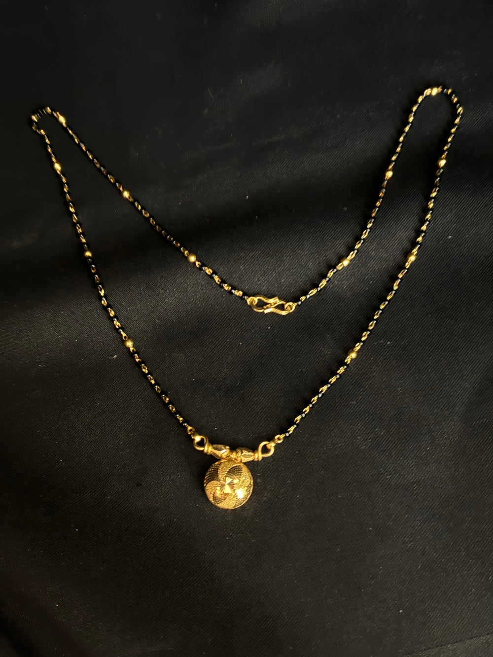 22K Gold and Black Bead Mangalsutra Necklace with Detailed Pendant