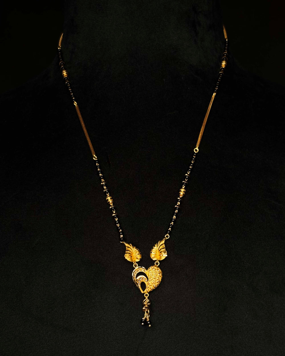 22K Gold and Black Bead Mangalsutra Necklace with Intricate Pendant