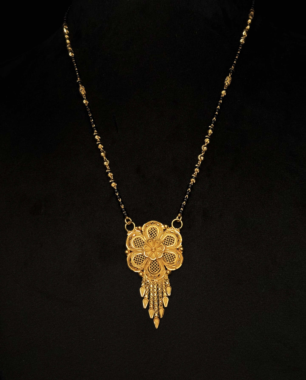 22K Gold and Black Bead Mangalsutra with Floral Pendant