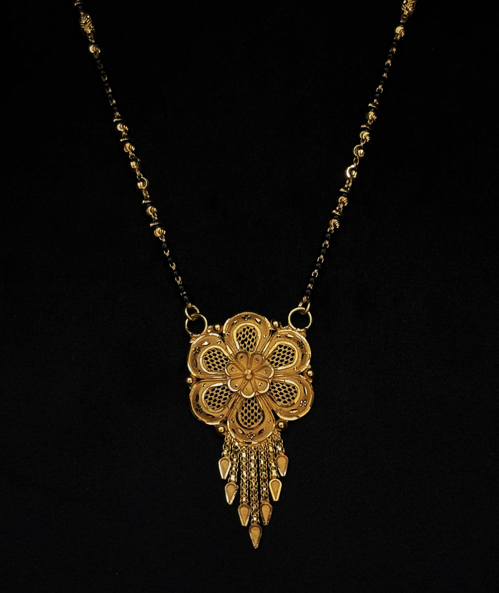 22K Gold and Black Bead Mangalsutra with Floral Pendant