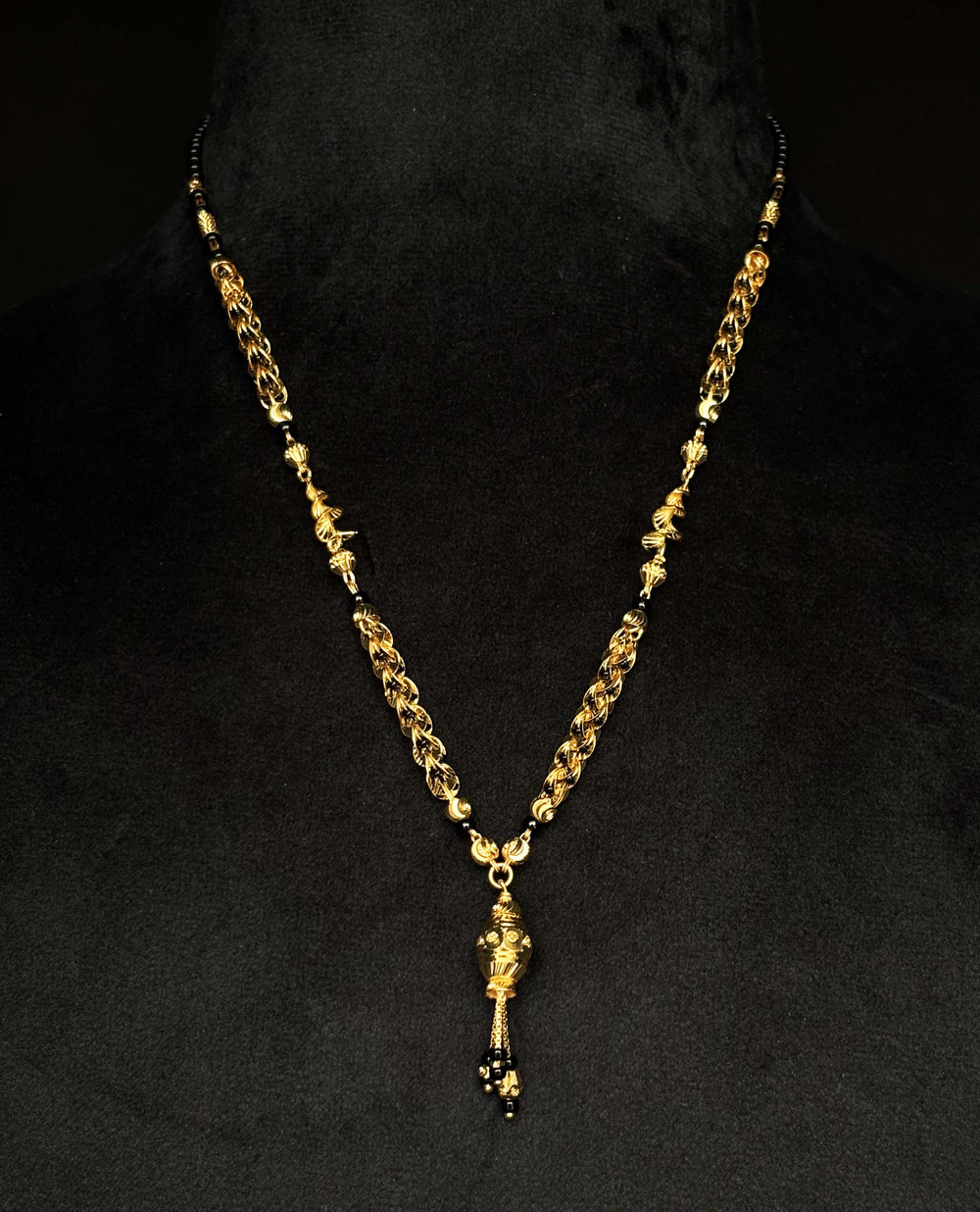 22K Gold and Black Bead Mangalsutra with Intricately Woven Chain and Pendant