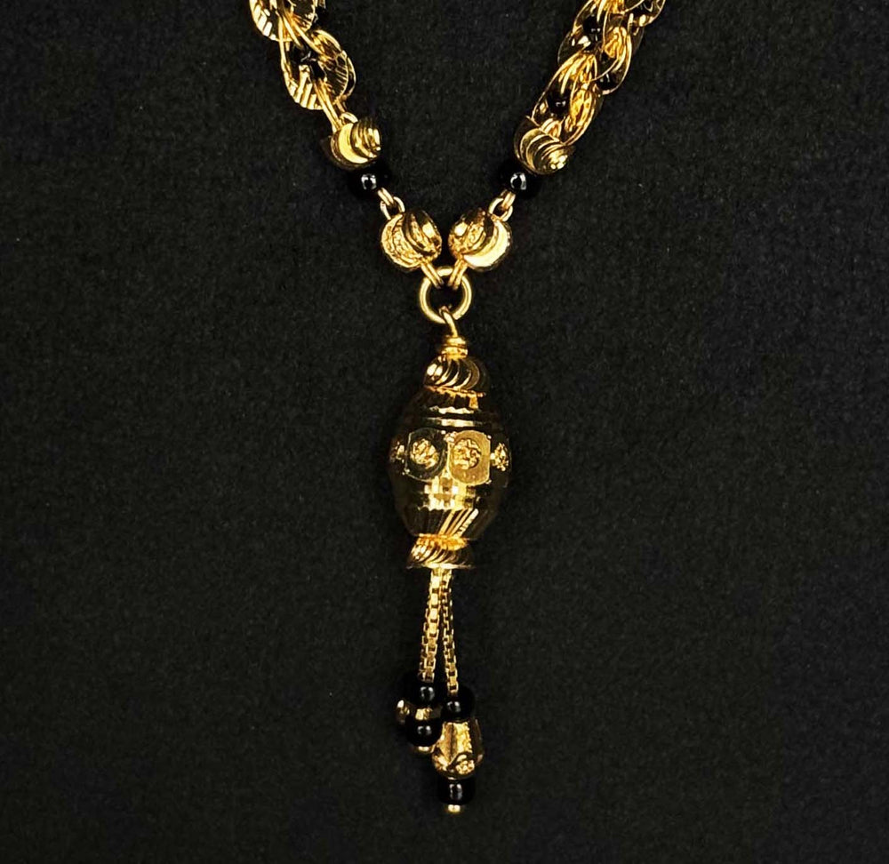 22K Gold and Black Bead Mangalsutra with Intricately Woven Chain and Pendant