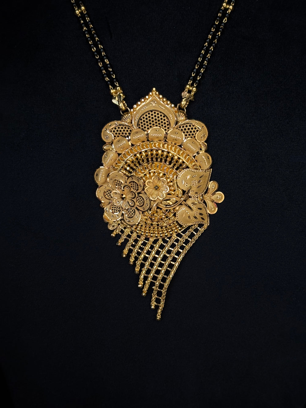 22K Gold Three-Strand Mangalsutra with Grand Floral Pendant