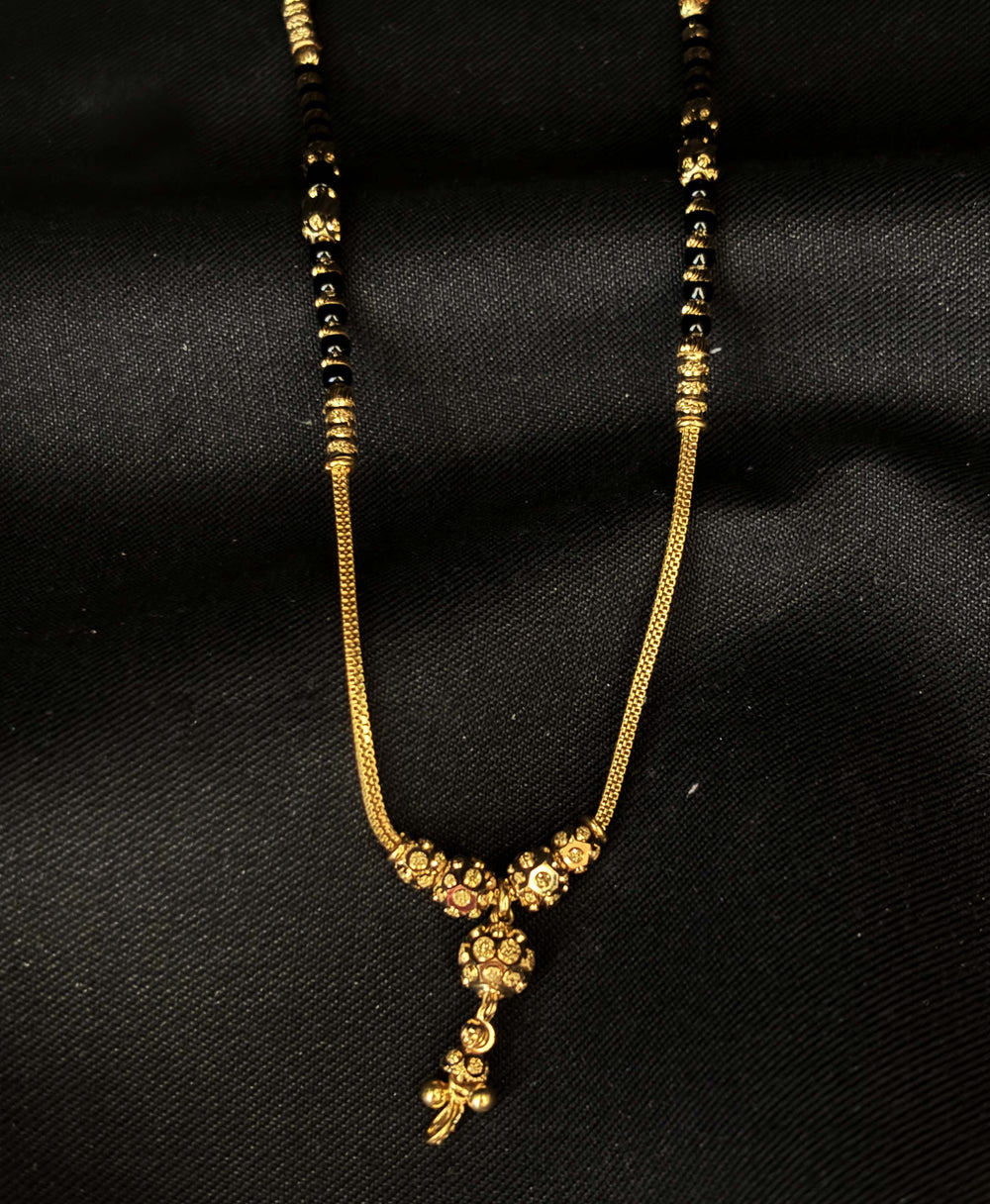 22K Gold and Black Bead Mangalsutra Necklace with Floral Pendant