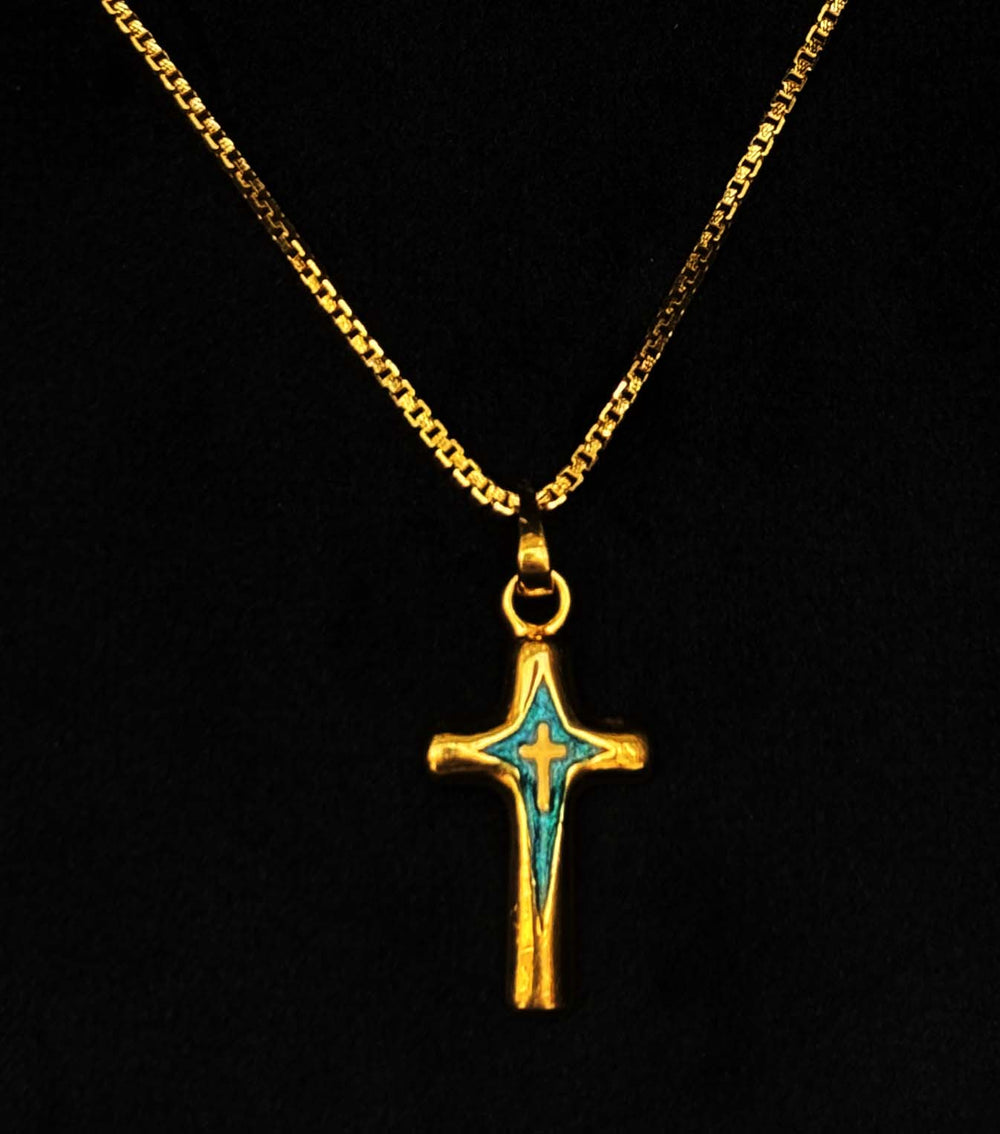 22K Gold Cross Pendant with Blue Enamel (Without Chain)