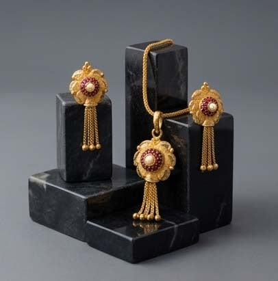 Modern 22K Gold Textured Square Pendant Set | Sleek Jewelry