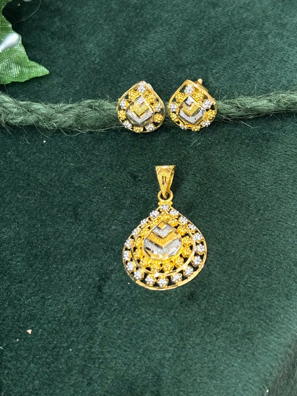 22KT Gold Two-Tone Pendant and Earrings Set with Diamond Accents