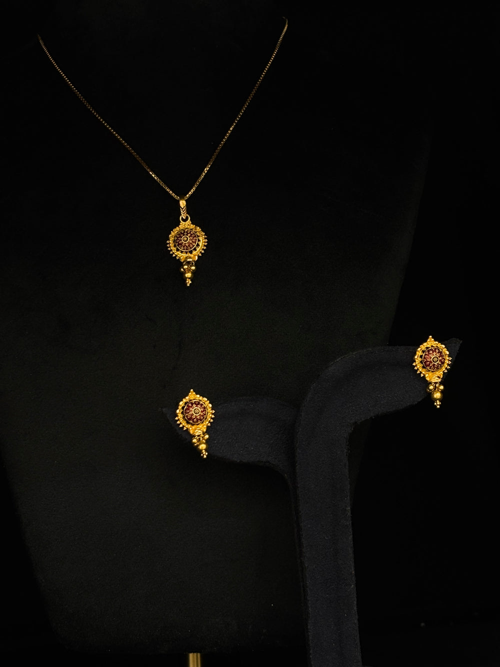 22K Gold Red Enamel Pendant and Earrings Set