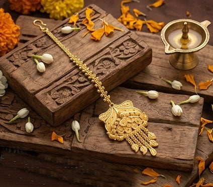 22KT पीला सोना फ्लोरल मांग टीका गुलाबी पत्थरों और मोतियों के साथ
