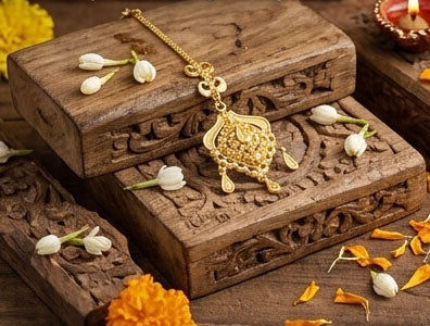 Traditional 22KT Gold Filigree Maang Tikka with Emerald Green Beads
