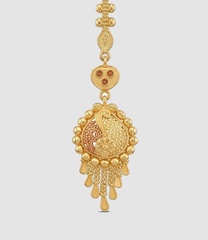 22KT Gold Peacock Motif Maang Tikka with Hanging Gold Beads