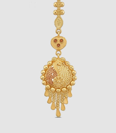22KT Gold Peacock Motif Maang Tikka with Hanging Gold Beads