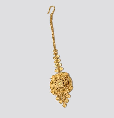 Elegant 22KT Gold Heart-Shaped Maang Tikka with Ruby & Pearl Drop
