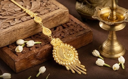 Modern 22KT Gold Geometric Maang Tikka with Ruby Stone Accents