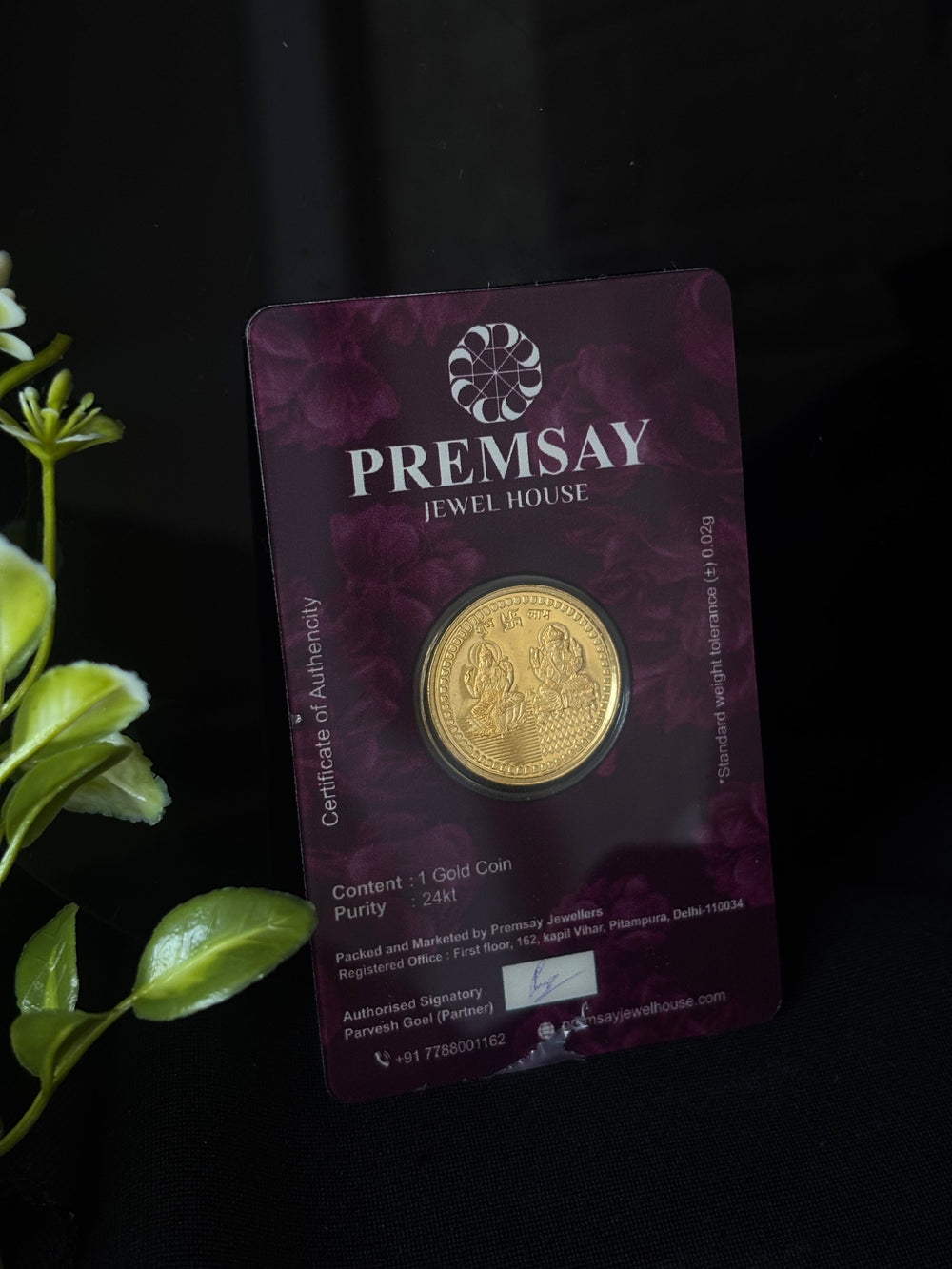 Premsay Jewel House 24K (995) Pure Gold Coin - 100mg Lakshmi Ganesha