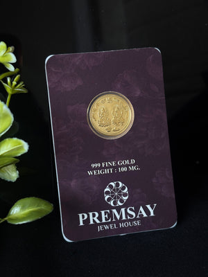 PremSay Jewel House 24K (999) Pure Gold Coin - 100mg Lakshmi Ganesh Design