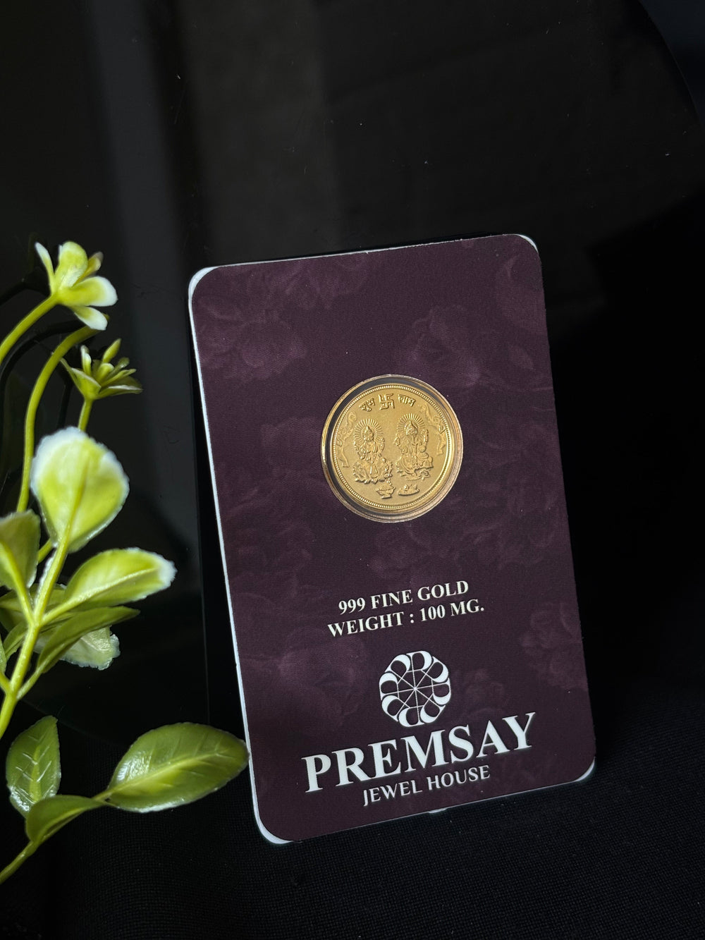 PremSay Jewel House 24K (999) Pure Gold Coin - 100mg Lakshmi Ganesh Design