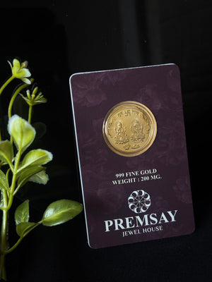 PremSay Jewel House 24K (999) Pure Gold Coin - 200mg with Lakshmi & Ganesha