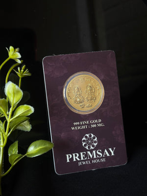 PremSay Jewel House 24K (999) Pure Gold Coin - 300mg with Lakshmi & Ganesha