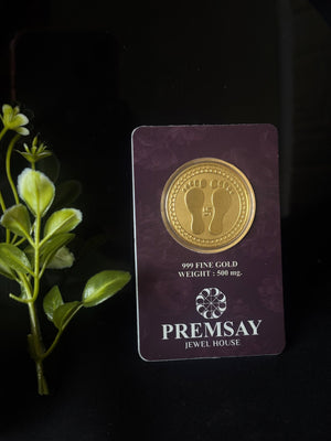 PremSay Jewel House 24K (999) Pure Gold Coin - 500mg with Lakshmi Charan Paduka