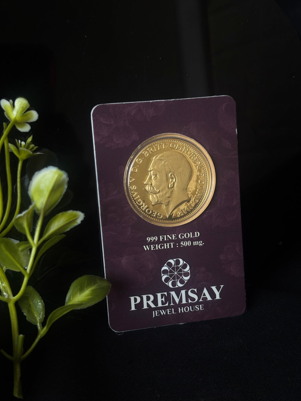 PremSay Jewel House 24K (999) Pure Gold Coin - 500mg with King George V Design
