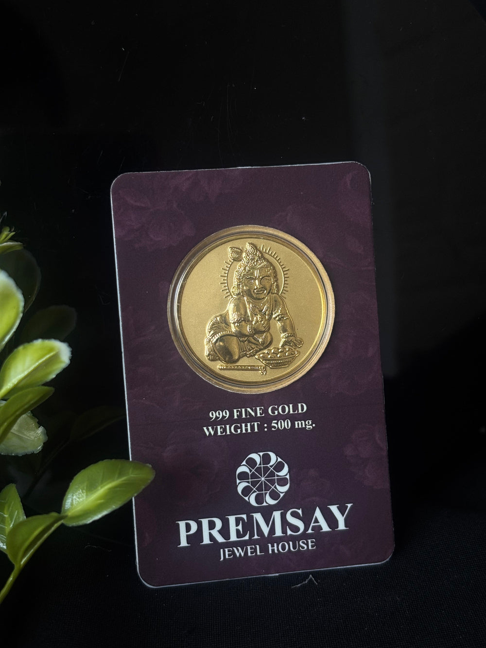 PremSay Jewel House 24K (999) Pure Gold Coin - 500mg with Bal Krishna / Laddu Gopal