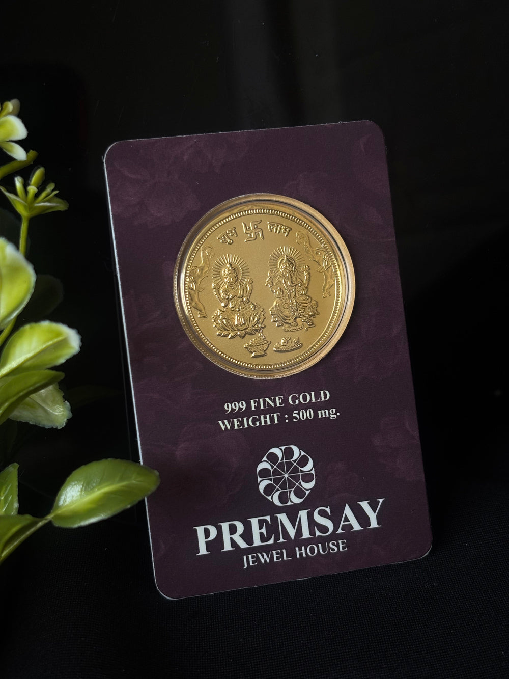 PremSay Jewel House 24K (999) Pure Gold Coin - 500mg with Lakshmi & Ganesha