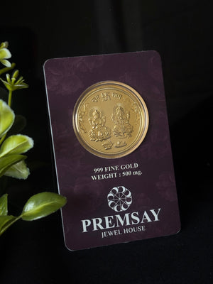 PremSay Jewel House 24K (999) Pure Gold Coin - 500mg with Lakshmi & Ganesha