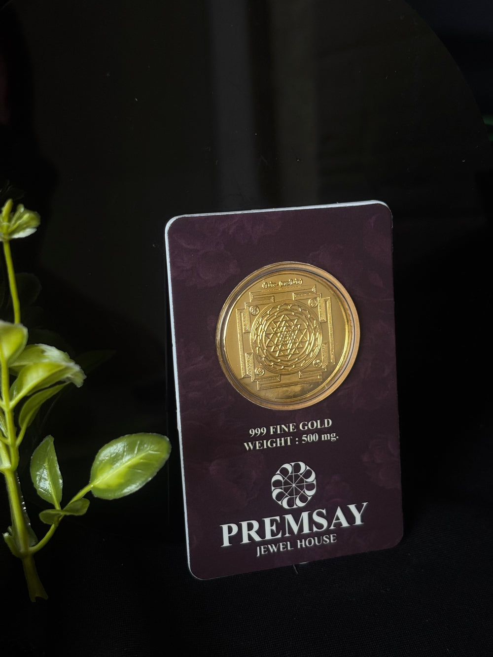 PremSay Jewel House 24K (999) Pure Gold Coin - 500mg with Shree Yantra