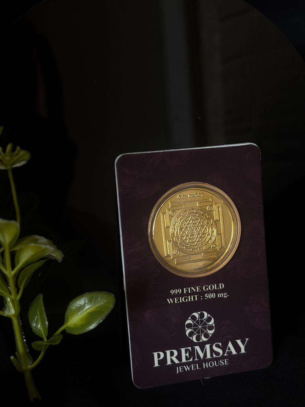 PremSay Jewel House 24K (999) Pure Gold Coin - 500mg with Shree Yantra