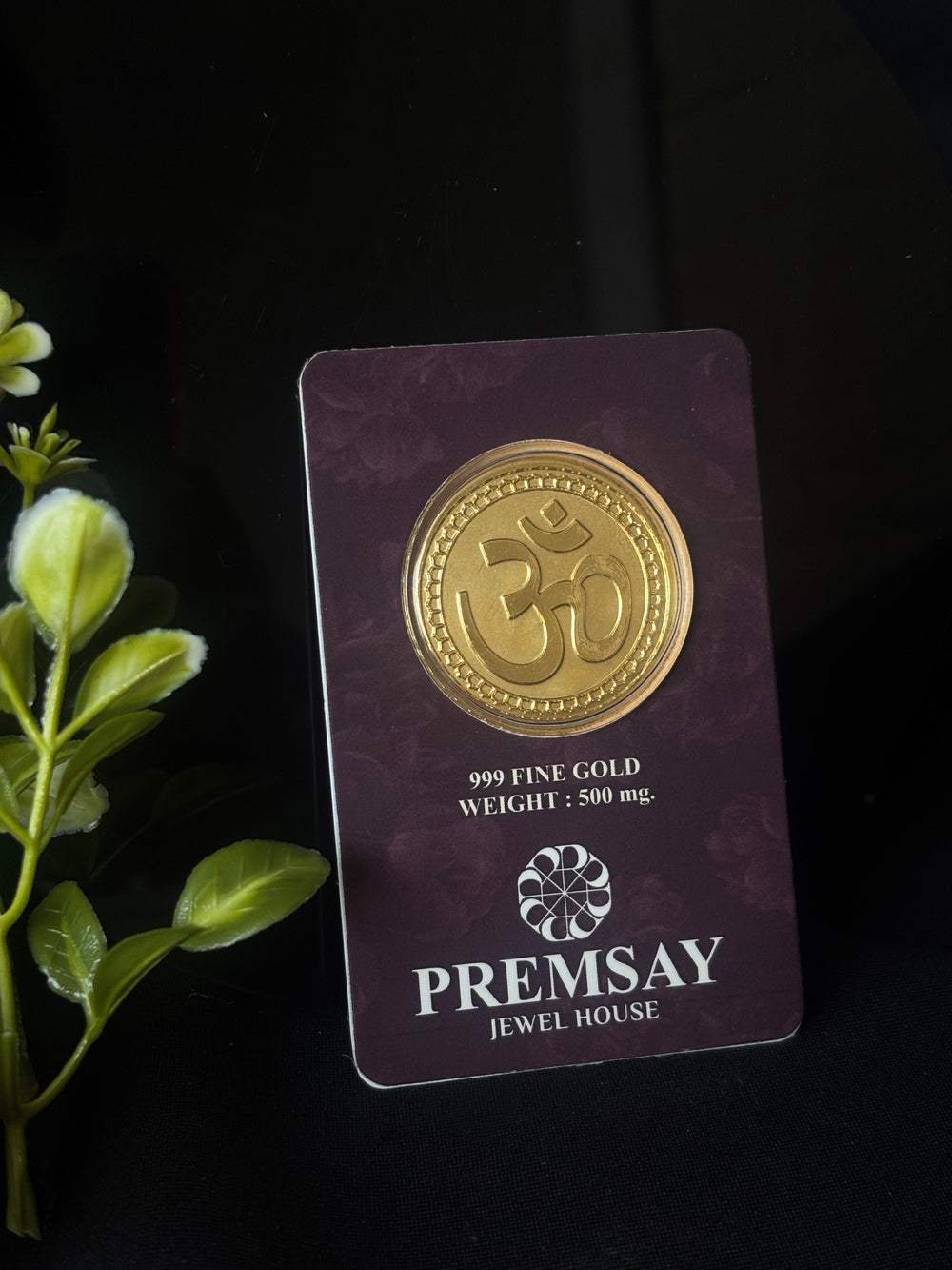 PremSay Jewel House 24K (999) Pure Gold Coin - 500mg with Sacred Om Symbol