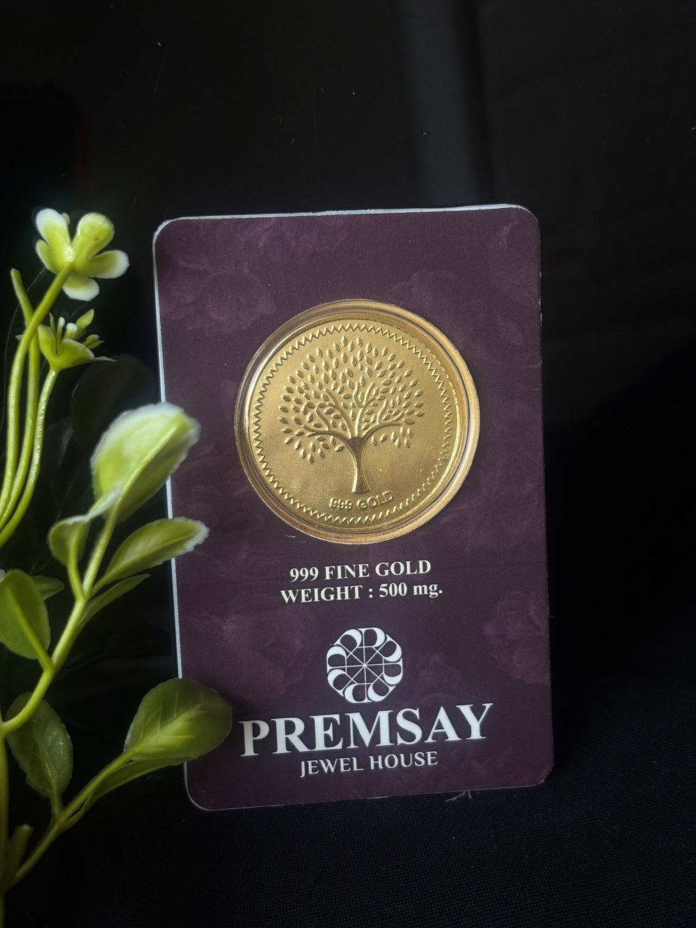 PremSay Jewel House 24K (999) Pure Gold Coin - 500mg with Tree of Life Design