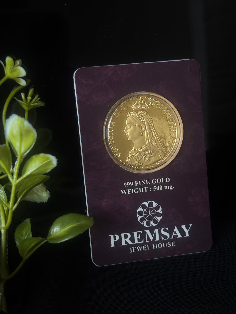 PremSay Jewel House 24K (999) Pure Gold Coin - 500mg with Queen Victoria Design