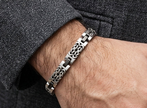 Tribal Motif Filigree Sterling Silver Gents Bracelet