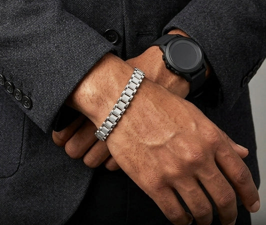 Modern Precision Dual-Textured Sterling Silver Gents Bracelet