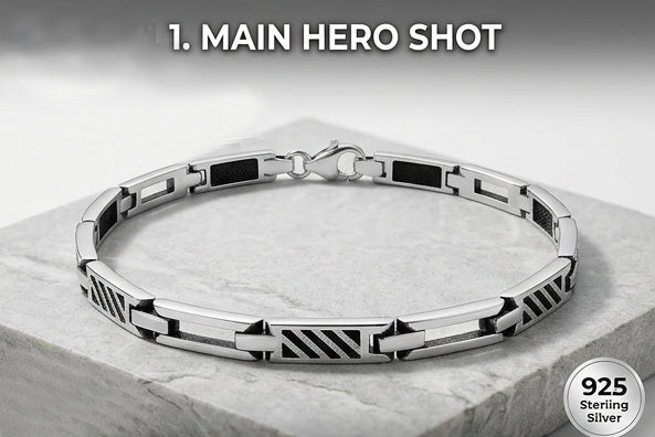 Modern Grid-Etch Sterling Silver Gents Bar Bracelet