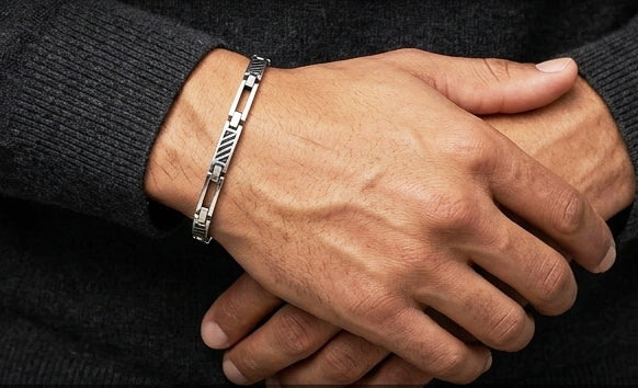 Modern Grid-Etch Sterling Silver Gents Bar Bracelet