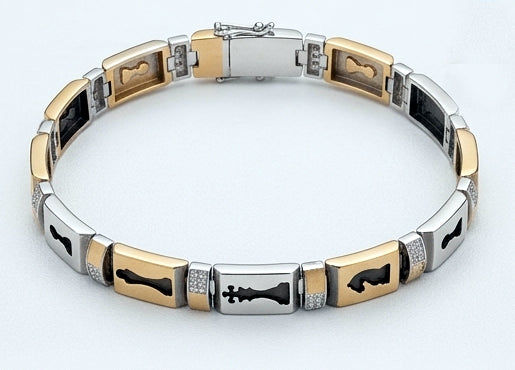 Grandmaster Two-Tone Chess Motif Sterling Silver Gents Bracelet
