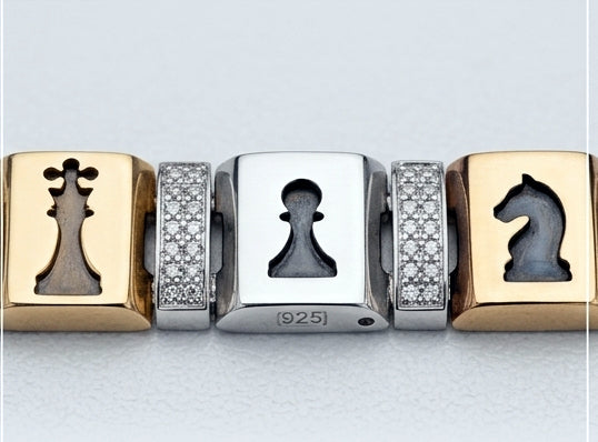 Grandmaster Two-Tone Chess Motif Sterling Silver Gents Bracelet
