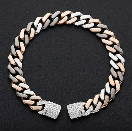 Iced-Out Two-Tone Greek Key Sterling Silver Gents Bracelet