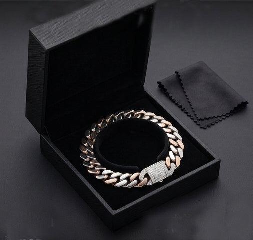 Iced-Out Two-Tone Greek Key Sterling Silver Gents Bracelet