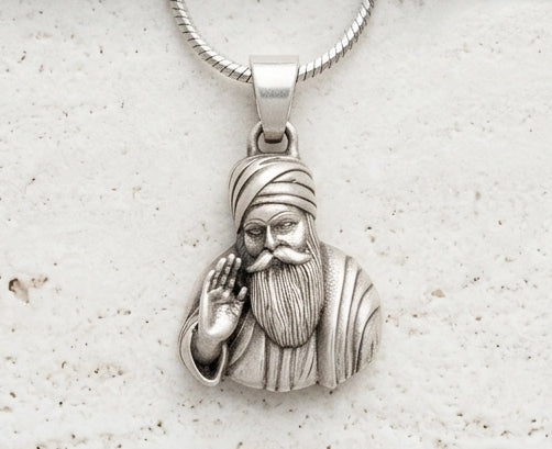 Guru Nanak Dev Ji Sterling Silver Religious Pendant