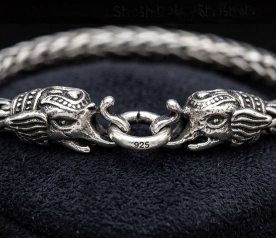 Antique Elephant Head 925 Sterling Silver Woven Bracelet