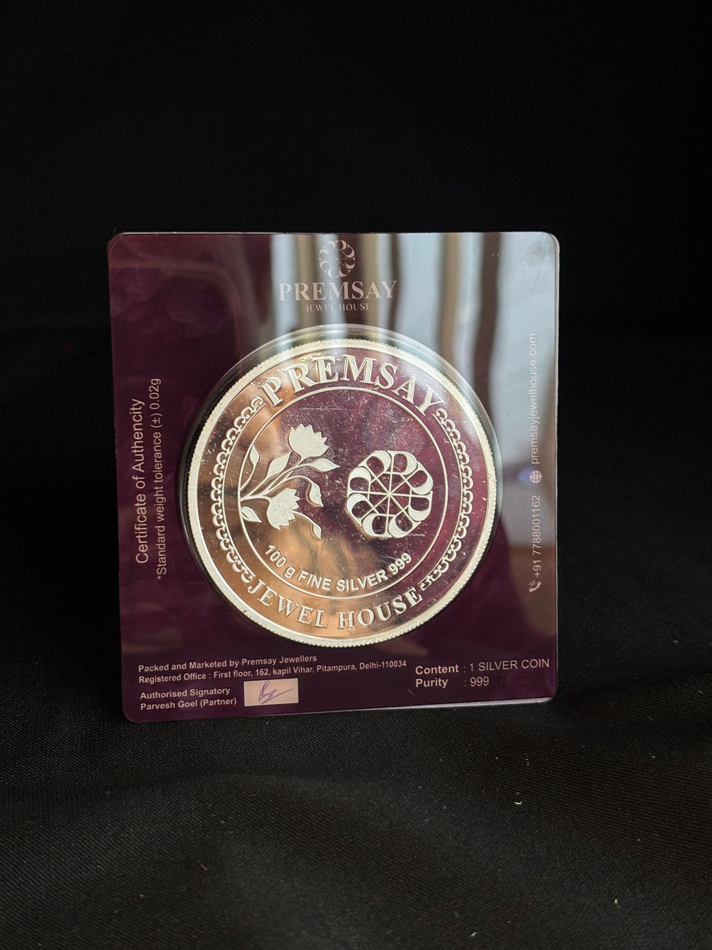 100g Round 999 Pure Silver laxmi Ganesh Silver Coin from Premsay Jewellers