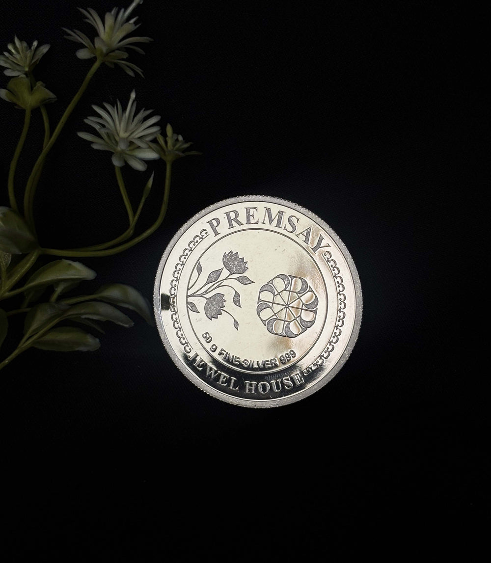 50g Round 999 Pure Silver laxmi Ganesh Silver Coin from Premsay Jewellers