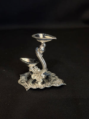 92.5 Sterling Silver Serpent Diya - Dual Oil Lamp for Pooja